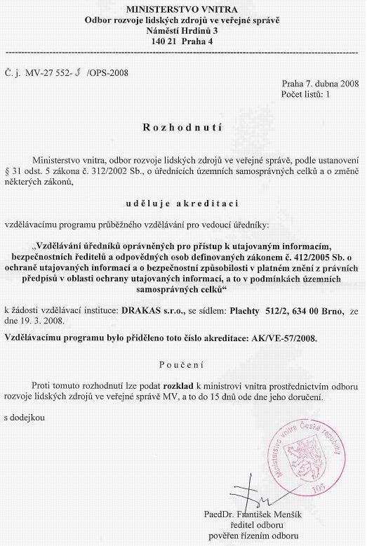 Drakas s.r.o. - Akreditace